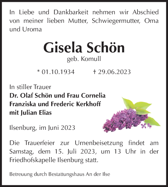 Traueranzeige von Gisela Schön von Volksstimme Wernigerode