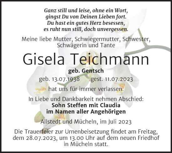 Traueranzeige von Gisela Teichmann von Trauerkombi Merseburg