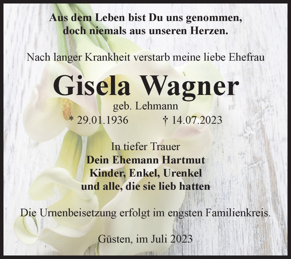  Traueranzeige für Gisela Wagner vom 22.07.2023 aus Mitteldeutsche Zeitung