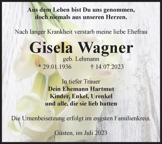 Traueranzeige von Gisela Wagner von Mitteldeutsche Zeitung