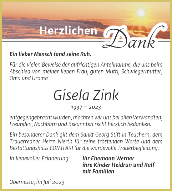 Traueranzeige von Gisela Zink von Trauerkombi Weißenfels