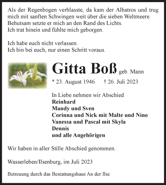 Traueranzeige von Gitta Boß von Volksstimme Wernigerode