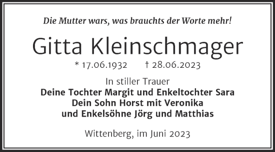 Traueranzeige von Gitta Kleinschmager von Trauerkombi Wittenberg