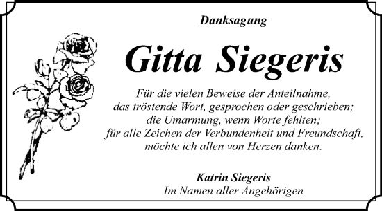 Traueranzeige von Gitta Siegeris von Trauerkombi Dessau