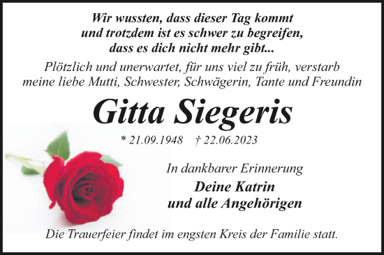 Traueranzeige von Gitta Siegeris von Trauerkombi Dessau