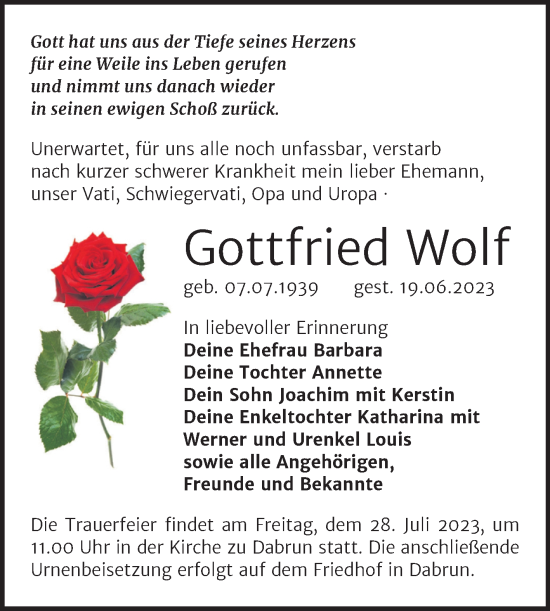 Traueranzeige von Gottfried Wolf von Trauerkombi Wittenberg