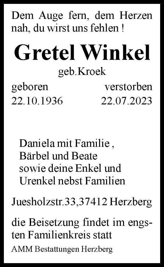 Traueranzeige von Gretel Winkel von Volksstimme Wernigerode