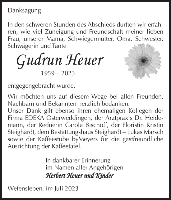 Traueranzeige von Gudrun Heuer von Volksstimme Oschersleben/Wanzleben