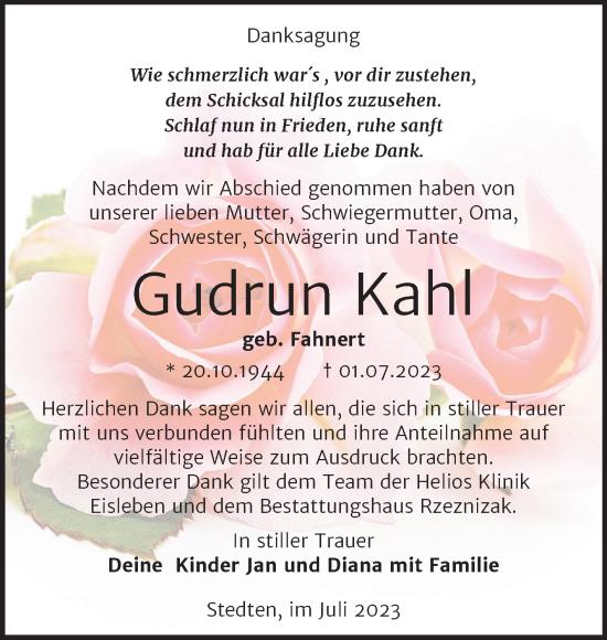 Traueranzeige von Gudrun Kahl von Trauerkombi Mansfelder Land