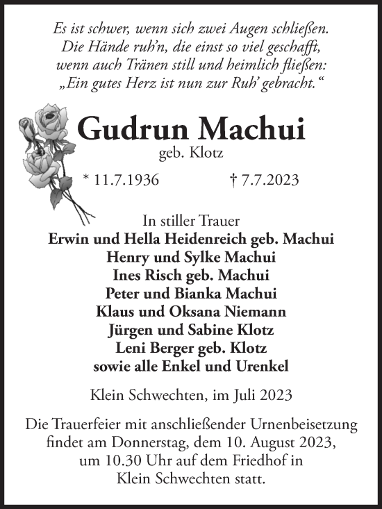Traueranzeige von Gudrun Machui von Volksstimme Altmark Ost