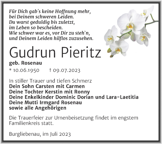 Traueranzeige von Gudrun Pieritz von Trauerkombi Merseburg