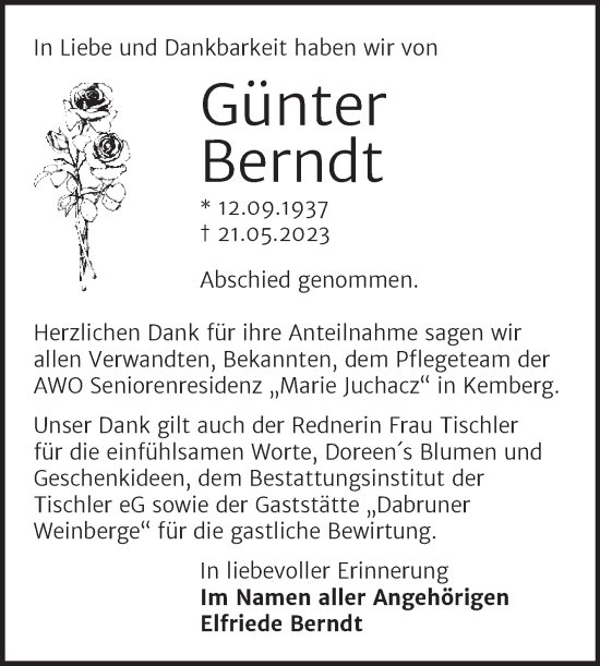 Traueranzeige von Günter Berndt von Trauerkombi Wittenberg