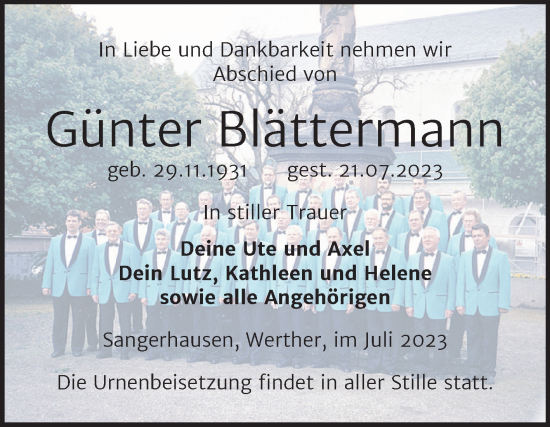 Traueranzeige von Günter Blättermann von Trauerkombi Sangerhausen