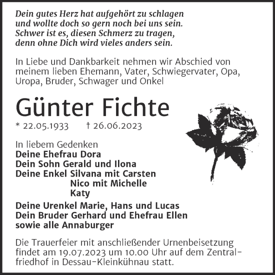 Traueranzeige von Günter Fichte von Trauerkombi Dessau