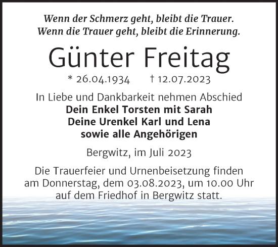 Traueranzeige von Günter Freitag von Trauerkombi Wittenberg