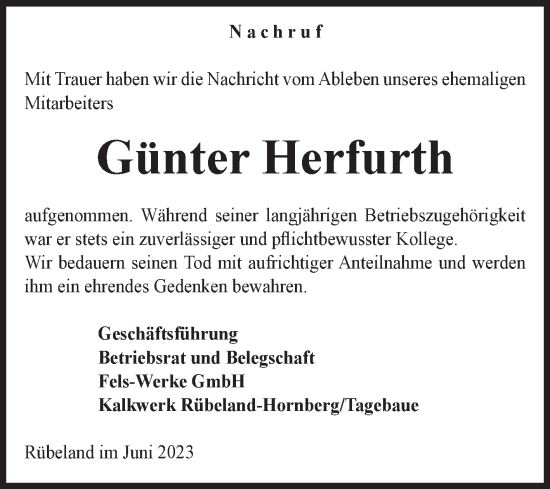Traueranzeige von Günter Herfurth von Volksstimme Wernigerode