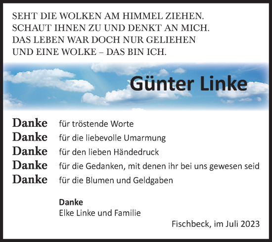 Traueranzeige von Günter Linke von Volksstimme Altmark Ost