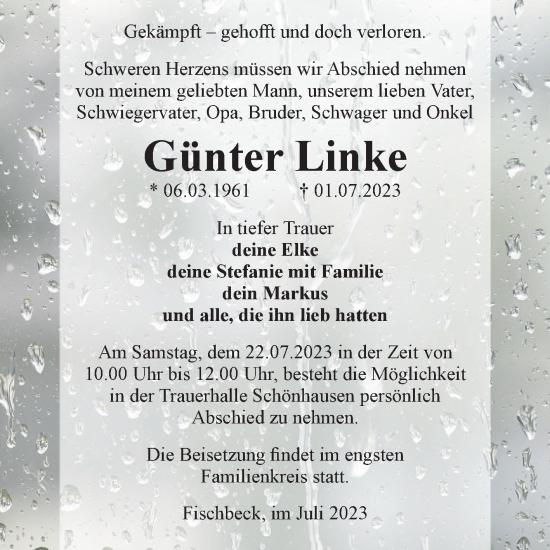 Traueranzeige von Günter Linke von Volksstimme Altmark Ost