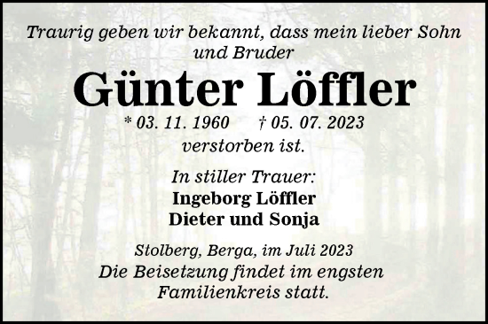 Traueranzeige von Günter Löffler von Trauerkombi Sangerhausen