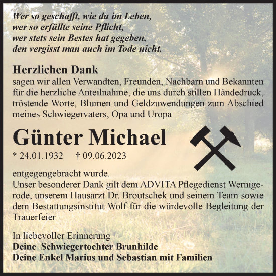 Traueranzeige von Günter Michael von Volksstimme Wernigerode