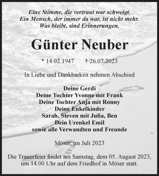 Traueranzeige von Günter Neuber von Volksstimme Burg/Genthin