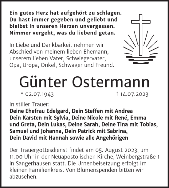 Traueranzeige von Günter Ostermann von Trauerkombi Sangerhausen