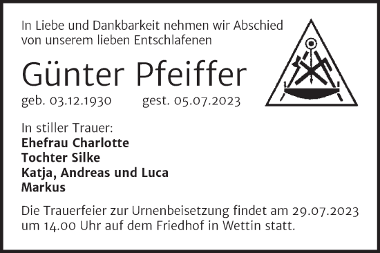 Traueranzeige von Günter Pfeiffer von Mitteldeutsche Zeitung Halle/Saalkreis