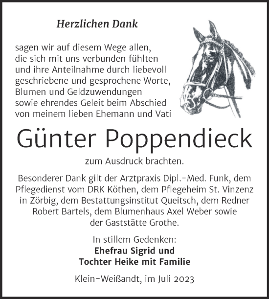 Traueranzeige von Günter Poppendieck von Trauerkombi Köthen