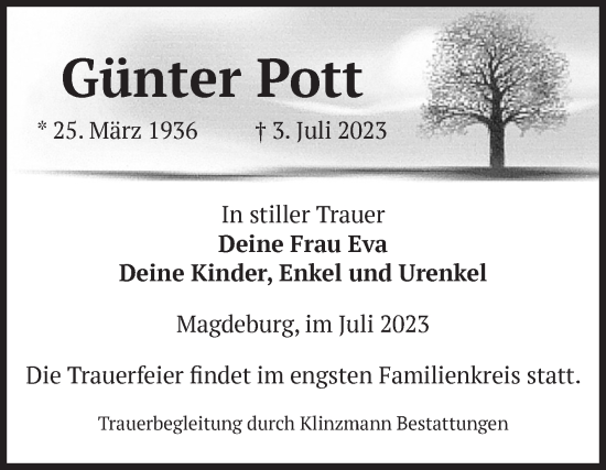 Traueranzeige von Günter Pott von Volksstimme Oschersleben/Wanzleben