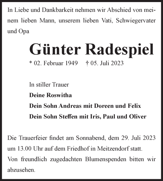 Traueranzeige von Günter Radespiel von Volksstimme Haldensleben/Wolmirstedt