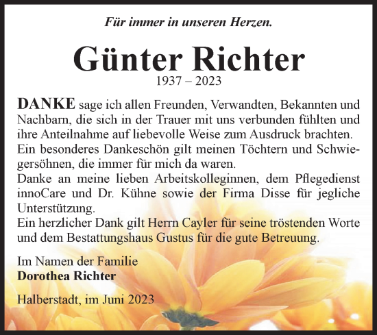 Traueranzeige von Günter Richter von Volksstimme Halberstadt