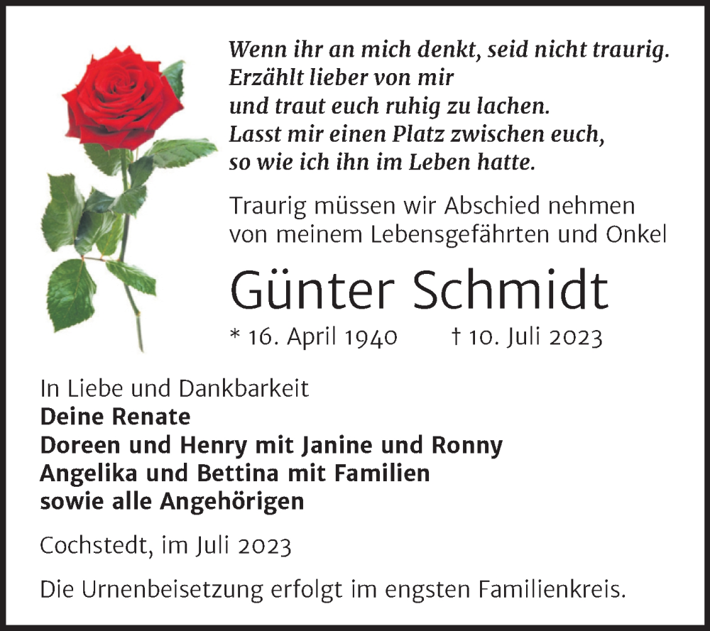  Traueranzeige für Günter Schmidt vom 15.07.2023 aus 