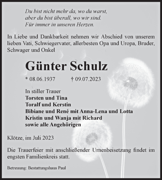 Traueranzeige von Günter Schulz von Volksstimme Altmark West