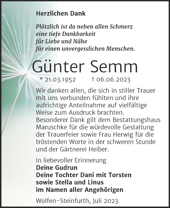 Traueranzeige von Günter Semm von Trauerkombi Bitterfeld
