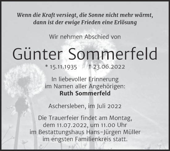Traueranzeige von Günter Sommerfeld von Trauerkombi Aschersleben