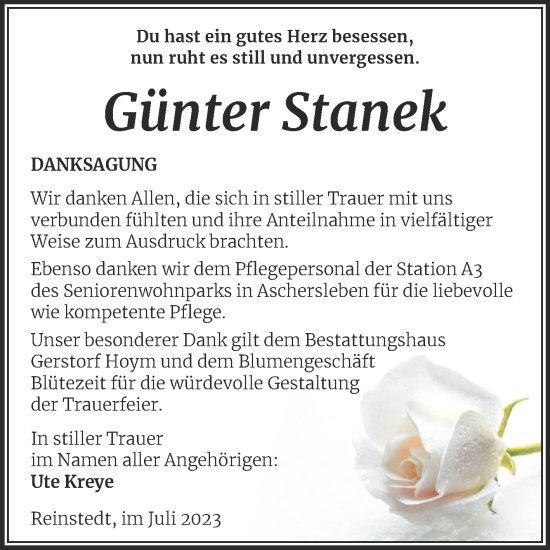 Traueranzeige von Günter Stanek von Trauerkombi Quedlinburg
