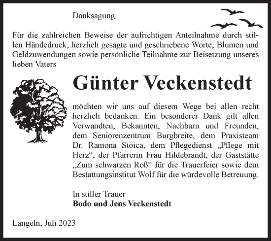 Traueranzeige von Günter Veckenstedt von Volksstimme Wernigerode