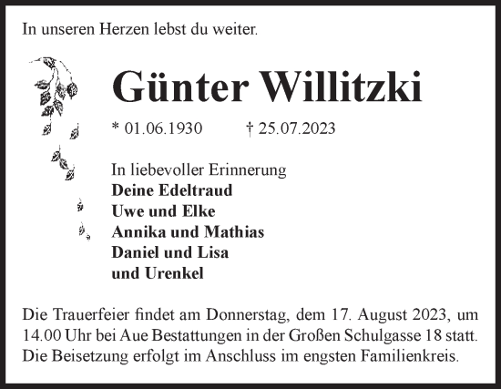 Traueranzeige von Günter Willitzki von Volksstimme Magdeburg