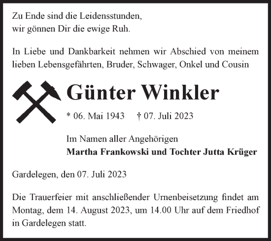 Traueranzeige von Günter Winkler von Volksstimme Altmark West