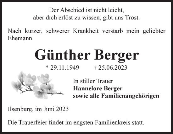 Traueranzeige von Günther Berger von Volksstimme Wernigerode