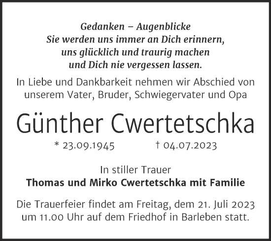 Traueranzeige von Günther Cwertetschka 