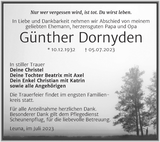Traueranzeige von Günther Dornyden von Trauerkombi Merseburg