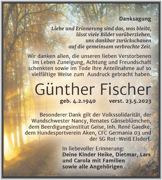 Traueranzeige von Günther Fischer von Trauerkombi Köthen