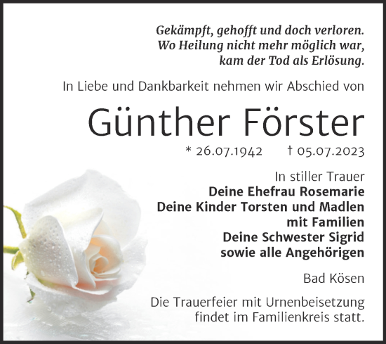 Traueranzeige von Günther Förster von Wochenspiegel Naumburg/Nebra