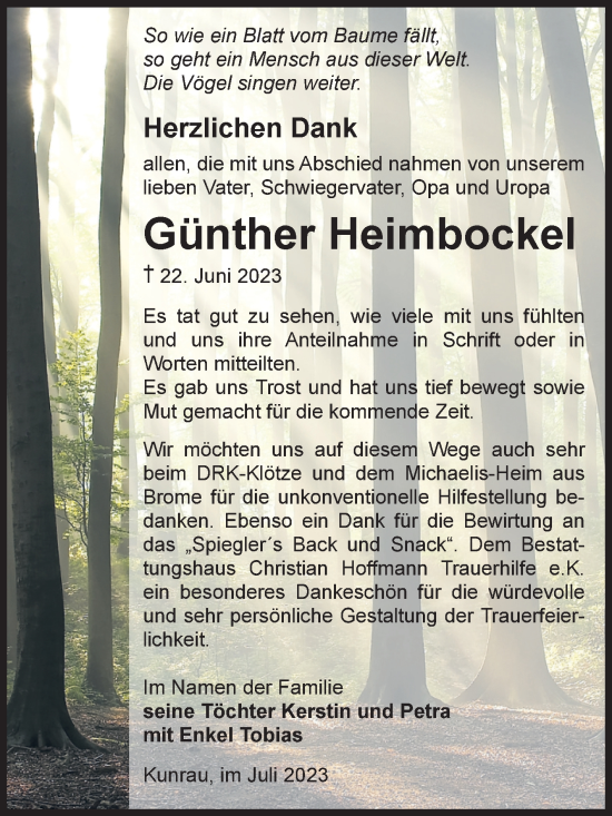 Traueranzeige von Günther Heimbockel von Volksstimme Altmark West