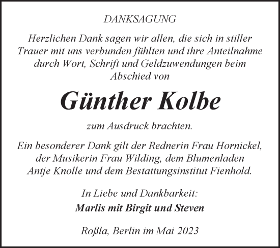 Traueranzeige von Günther Kolbe von Trauerkombi Sangerhausen