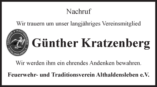 Traueranzeige von Günther Kratzenberg von Volksstimme Haldensleben/Wolmirstedt