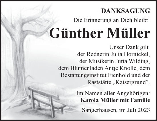 Traueranzeige von Günther Müller von Trauerkombi Sangerhausen