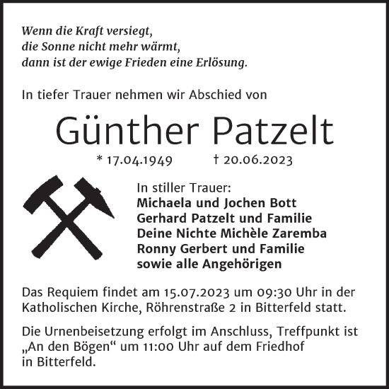 Traueranzeige von Günther Patzelt von Trauerkombi Bitterfeld