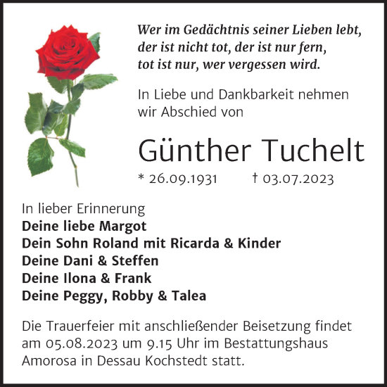 Traueranzeige von Günther Tuchelt von Trauerkombi Dessau